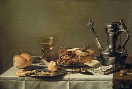 Pieter Claesz (c1630) Still Life with Pewter Pitcher, Mince Pie, and Almanac